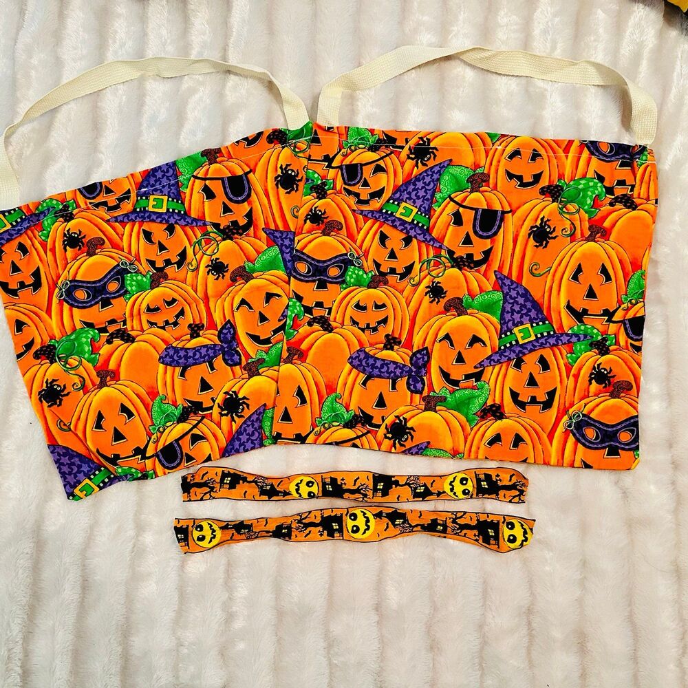 Handmade Halloween Candy Tote bags w/ties Jack O Lantern Pumpkins in Witch Hats